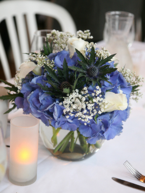 Blue Hydrangea and Thistle with Babysbreath